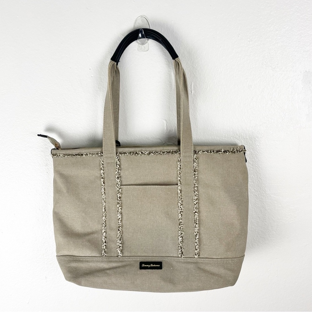 TOMMY BAHAMA Tan Canvas Fringe Trim Faux Leather Straps Shoulder Tote Bag